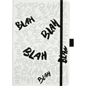 A white journal book with black accents featuring repetitive 'BLAH' text design and an elastic band closure.