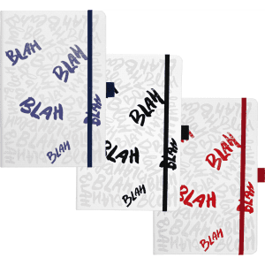 A set of three bound journals in white with blue, black, and red accents and a repeating "BLAH" design.