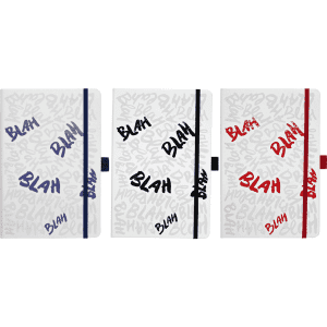 A bound journal with white covers and coloured accents in navy, black, and red, featuring playful text designs.