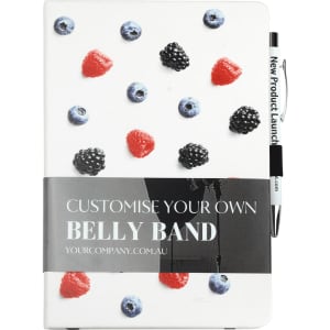 A white bound journal with mixed berry illustrations on the cover, featuring a pen and a branding logo.