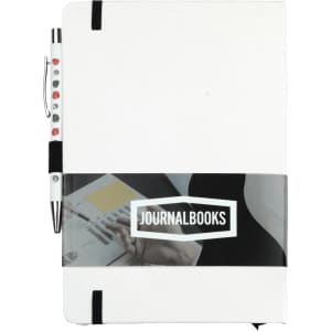 A white bound journal with coloured accents and a pen attached, featuring a logo on the cover.