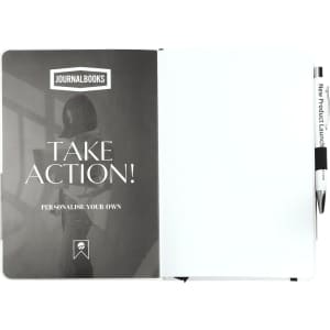 A bound journal featuring a white cover with coloured accents, an interior with a grey design, and a pen included.