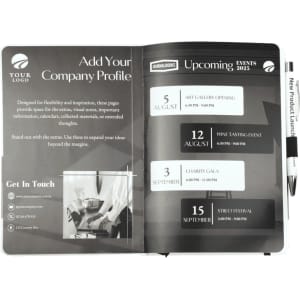A bound journal with a white cover and coloured accents, featuring event listings and a pen. It includes a logo.