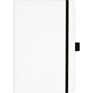 A white bound journal with colourful accents and a black elastic band closure. It features a logo on the cover.