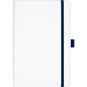 A white bound journal with navy blue accents and a small closure loop, featuring a logo.