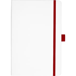 A white bound journal with red accents, featuring a coloured elastic band and a bookmark. It has a logo on the cover.