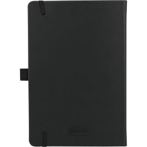 A black hardbound journal with an elastic closure and a logo, suitable for office and business use.