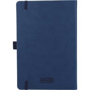 A navy blue hardbound journal with elastic closure and a logo on the cover, made from recycled materials.