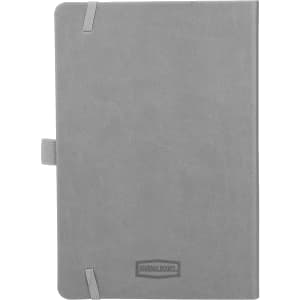 A grey hardbound journal with a textured cover, featuring a logo and an elastic closure.