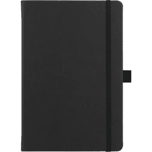 A black hardbound journal with an elastic closure and a bookmark. It features a logo on the cover.