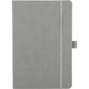 A grey hardbound journal with an elastic closure and a bookmark ribbon, featuring a logo on the cover.