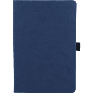 A navy blue hardbound journal with a textured cover and a closure strap. It features a logo on the front.