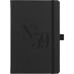 A black hard-bound journal with an elastic closure, featuring a logo on the front cover.