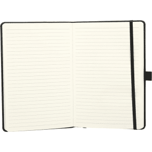 A hardbound journal notebook with lined pages and a black cover, featuring an elastic closure and bookmark.