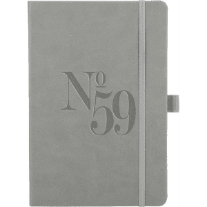 A grey hard-bound journal with an embossed design and an elastic closure. It includes a logo on the cover.