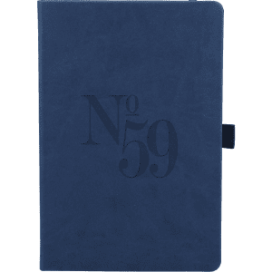 A navy blue recycled hard-bound journal with a textured cover and an embossed design. It features a closure strap and branding.