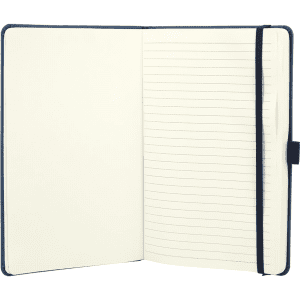 A navy blue hardbound journal with lined pages and a ribbon bookmark. It features a logo on the cover.