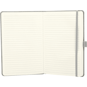 A grey recycled hard bound journal with lined pages and an elastic closure.