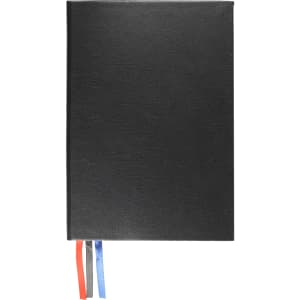 A black diary with three coloured ribbon bookmarks—red, blue, and grey—on the spine. It features a branding logo.