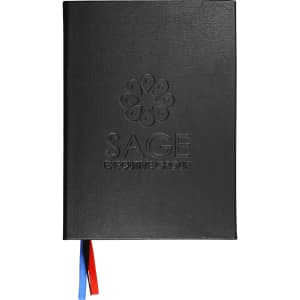A black diary with a textured cover, featuring a logo and coloured ribbon markers in red and blue.