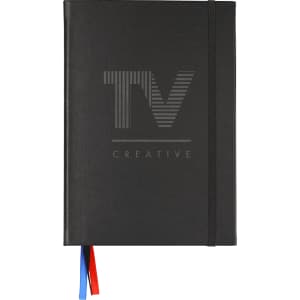 A black diary with a logo and coloured ribbon bookmarks. It features an elastic band closure.