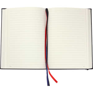 A black diary with lined pages and a red and blue ribbon bookmark. It has a logo on the cover.