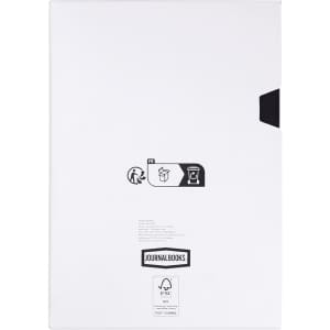 A white diary with a black closure, featuring branding and illustrations on the cover.