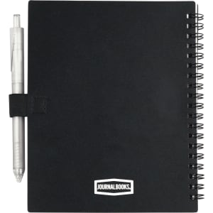 A black recycled PP journal book with a silver pen attached, featuring a spiral binding.