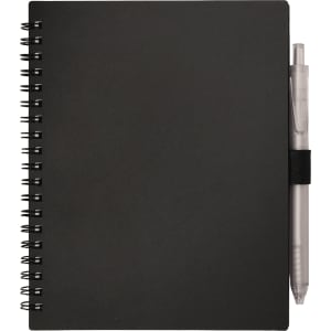 A black recycled PP journal with a spiral binding and a grey pen attached. It features a logo on the cover.