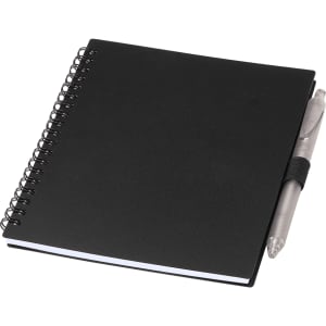 A black spiral-bound journal with a grey pen attached. The journal features a plain cover and white pages inside.