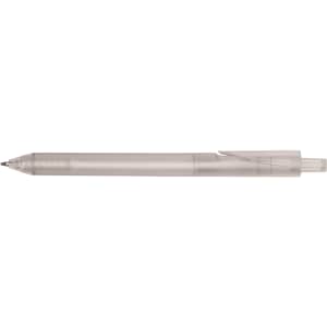 A clear pen with a transparent barrel and black ink. It features a clip and a retractable tip.