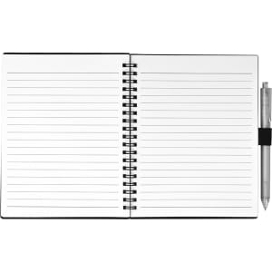A black recycled PP journal book with lined pages and a silver pen attached to the side.