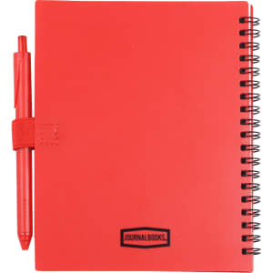 A red recycled PP journal with a spiral binding and an attached red pen. Features a logo on the cover.