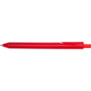 A red pen with a tapered tip and a clip on one side, featuring a smooth finish.