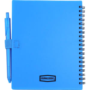 A blue recycled PP journal with a pen, featuring spiral binding and a logo on the cover.