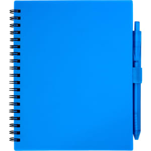 A blue recycled PP journal with a spiral binding and matching blue pen attached. It features a simple logo on the cover.