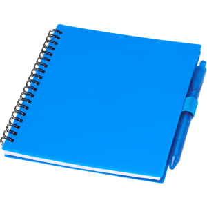 A blue recycled PP journal with a spiral binding and a matching pen attached. It has a logo on the cover.