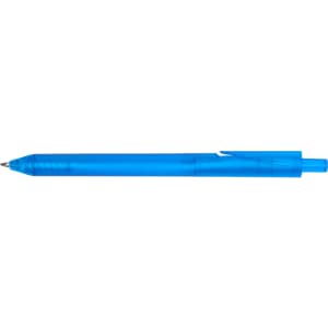 A blue pen with a transparent barrel and a rounded tip. It has a clip for easy attachment.