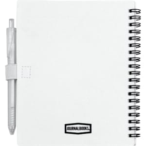 A white recycled PP journal with a spiral binding and a matching pen attached. The journal includes a logo.