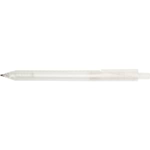 A clear pen with a smooth barrel and a clip for easy attachment. It features a transparent design.