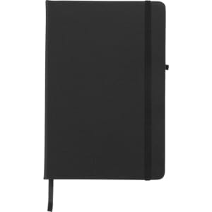 A black journal book with a band closure and a ribbon bookmark, featuring a logo on the cover.