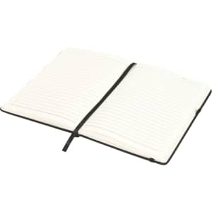 A black journal book with a flexi cover, featuring blank lined pages and an elastic closure.