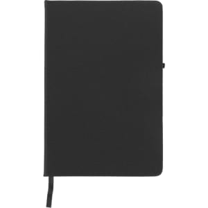 A black journal book with a textured cover and a ribbon bookmark. Features a logo on the front.