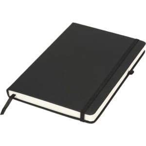 A black journal book with a plain cover, elastic band closure, and white pages. It includes a bookmark ribbon.