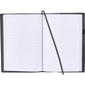 A refillable journal with a black leather cover, featuring lined pages and a ribbon bookmark.