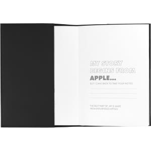 A Mela Apple Leather Refillable Journal with a black cover, featuring a white interior for notes and a branding logo.