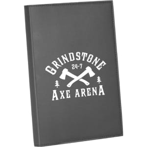A grey leather journal featuring a logo with crossed axes and text. It has a sleek, minimalist design.