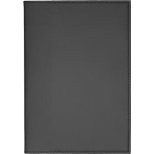 A black leather refillable journal with stitching details and a simple cover design. It features a branding logo.