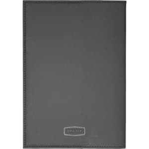 A grey leather refillable journal with a simple design and a logo on the front cover.
