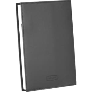 A refillable journal in dark grey leather with a sleek, minimalist design and a branded logo.